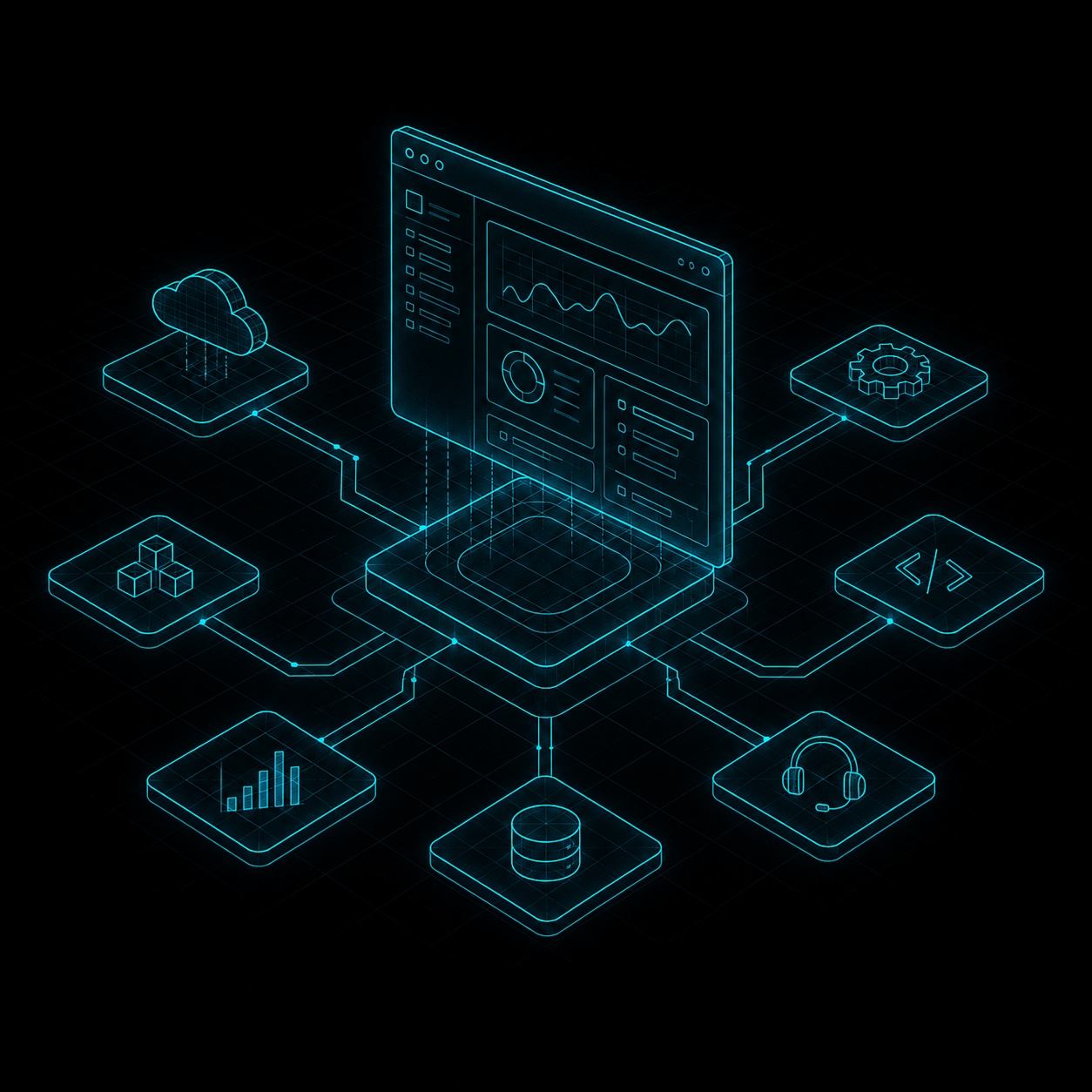 Wireframe of a software system connecting data, cloud, and operations
